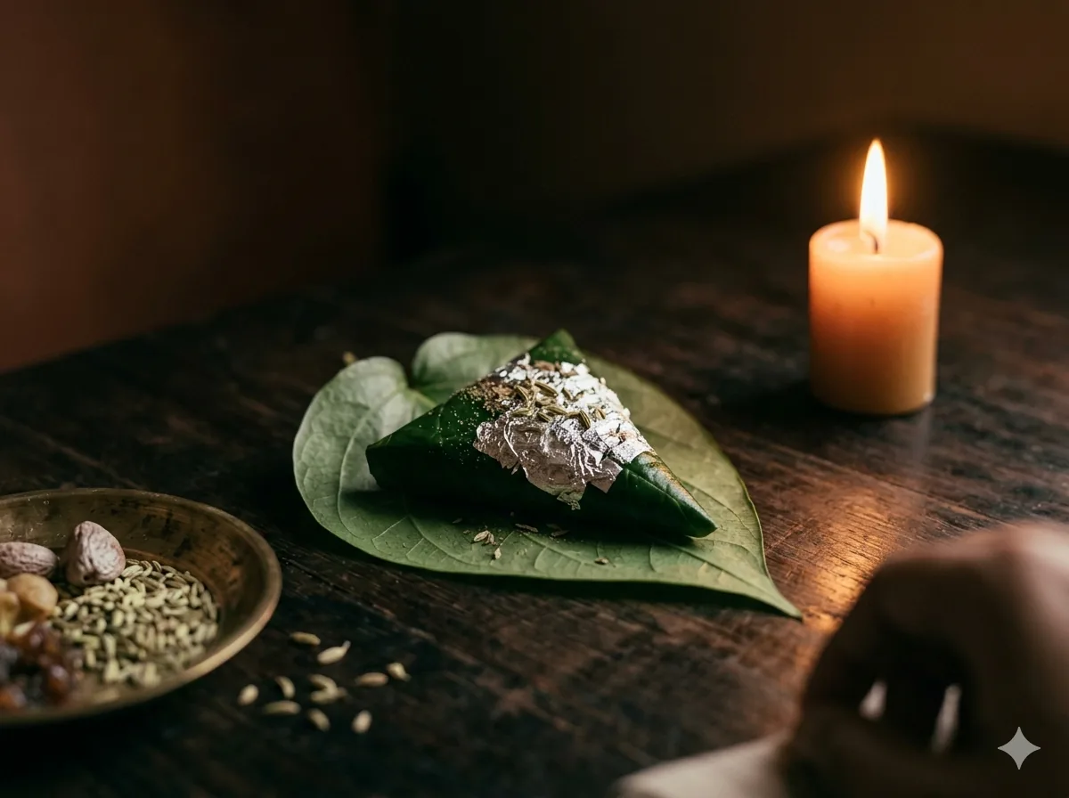 Banarasi paan — a folded betel leaf with gulkand, fennel and small sweet things, the Banarasi full stop