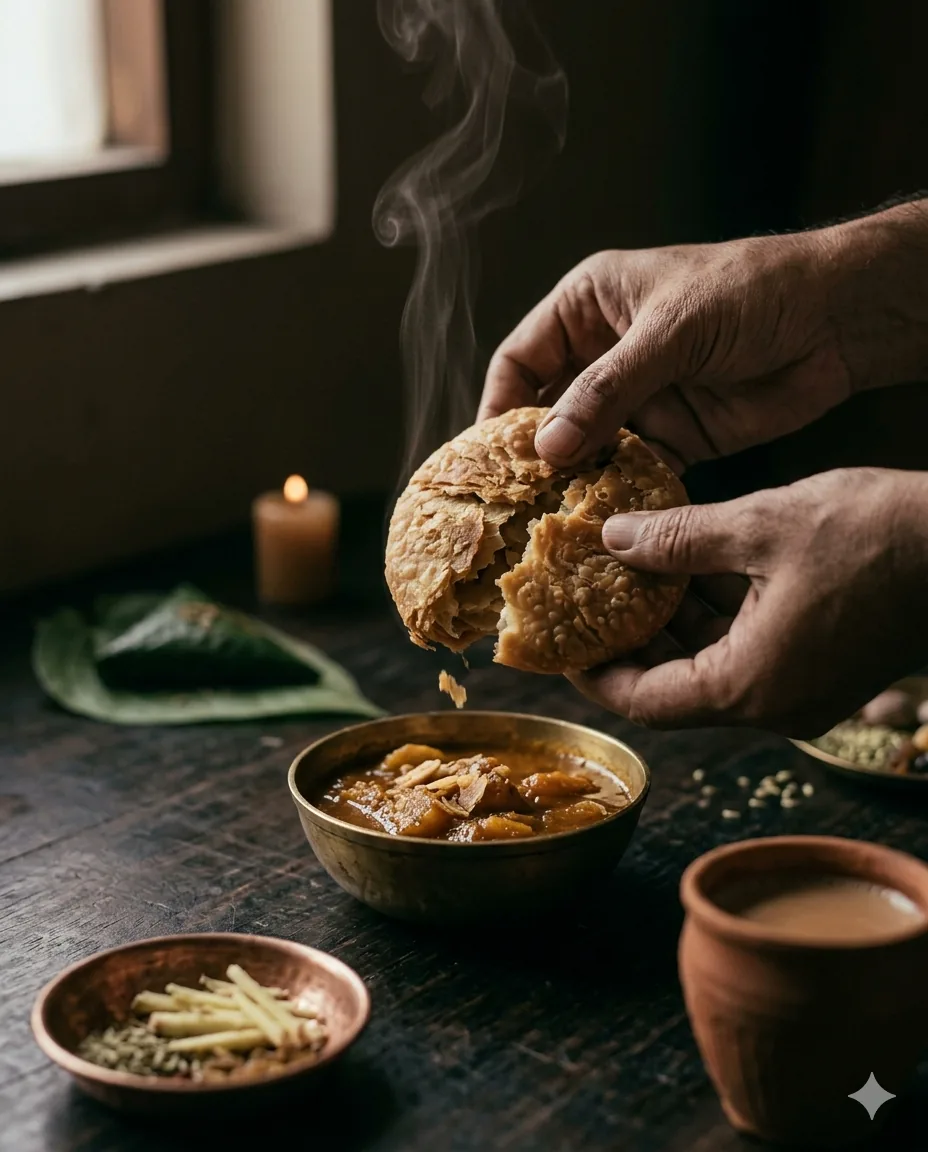 Kachori sabzi at Banaras — a flaked urad-dal pastry cracked into slow-simmered aloo, the Banarasi sunrise dish